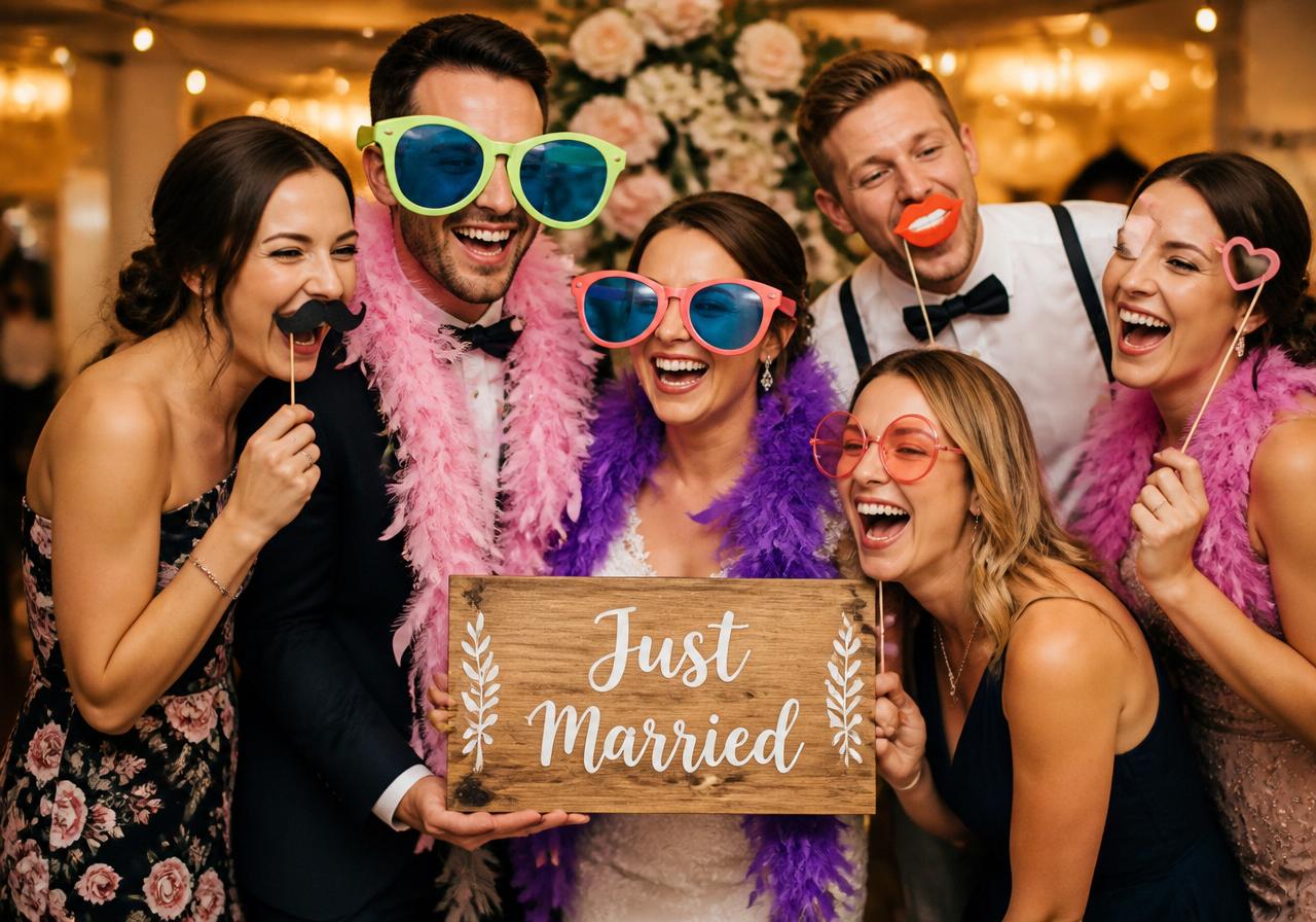 Hochzeitsgäste mit Photo Booth Requisiten