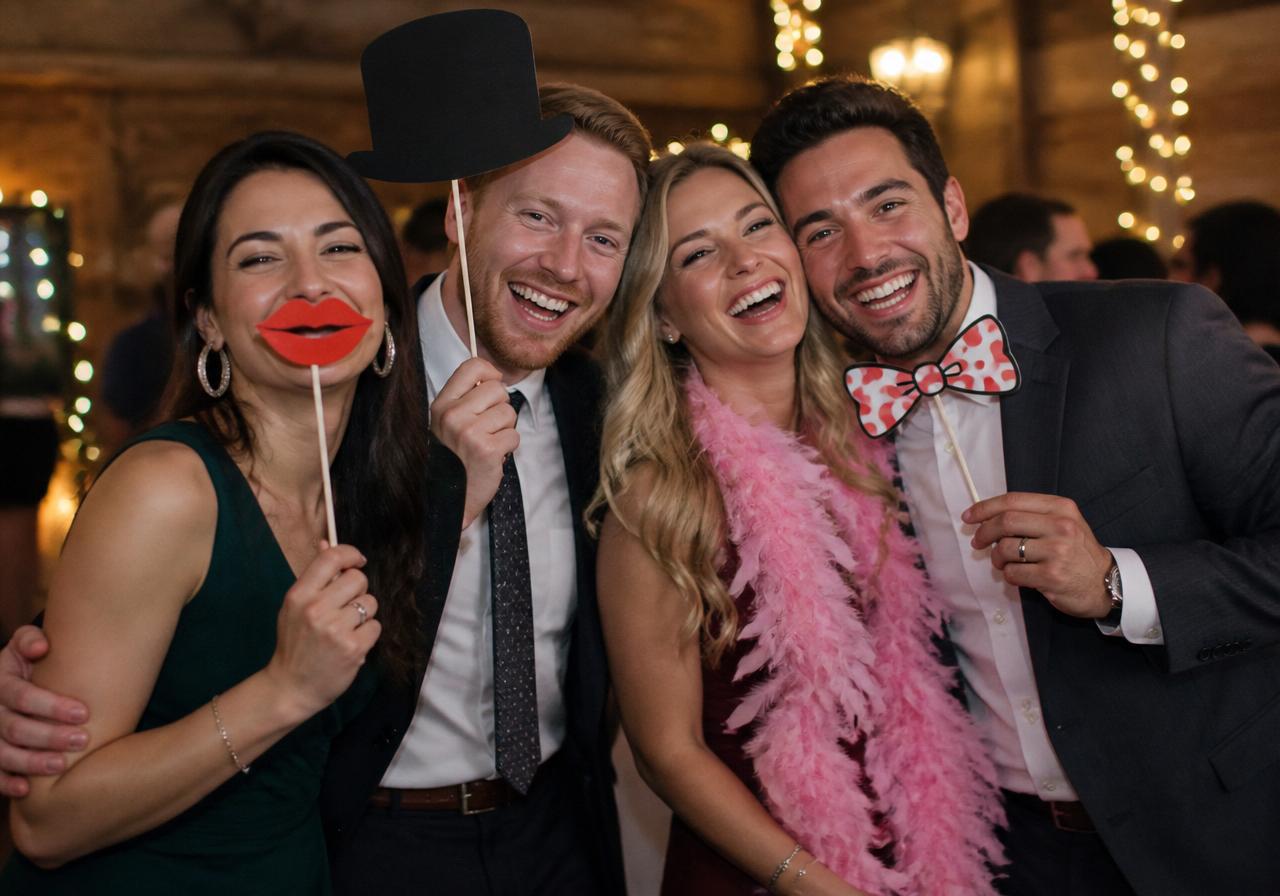 Brautpaar und Freunde lachen an der Fotobox