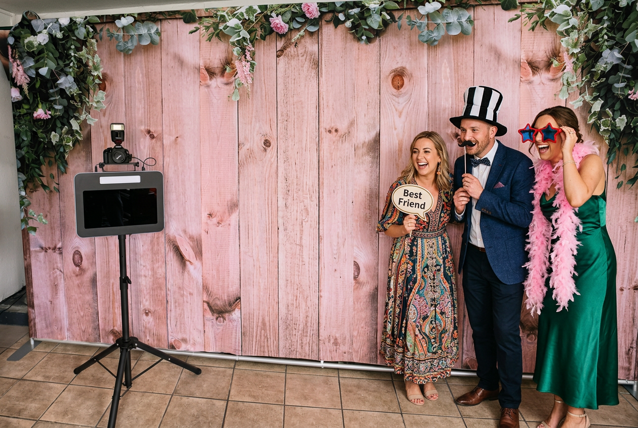 Hochzeitsgäste haben Photo-Booth-Spaß vor der Heidelbox Slim Fotobox